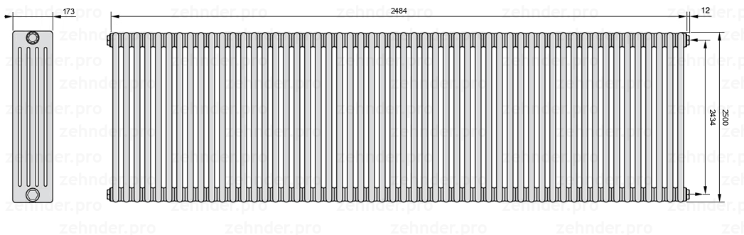 Схема (чертеж) Радиатор Zehnder Charleston 5250/54 №7610 Белый глянцевый RAL 9016